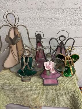 Vintage Stained Glass Angel Figurines Lot of 6 Metal Glass 4”-8” Christmas Decor